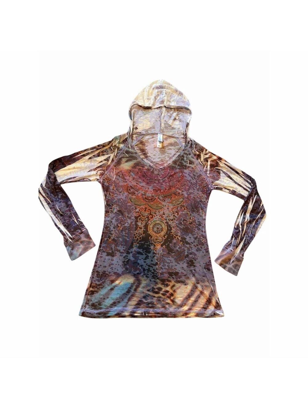 Vintage American Twist Blouse Womens XL Multicolor Sheer Mesh Hooded V-Neck LS